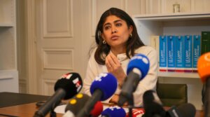French MEP Rima Hassan is seen talking during a press conference on April 03, 2026 in Paris, France. Rima Hassan, French MEP for the far-left wing party La France Insoumise, was taken into police custody on April 3rd 2026 on “advocating terrorism” charges for a post on X on March 26 2026, that could be construed as showing support for terrorism. (Remon Haazen/Getty Images)