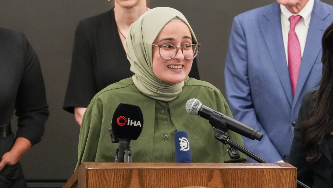 Rümeysa Öztürk speaks during a press conference after arriving at Logan Airport on May 10, 2025 in Boston, Massachusetts. (Mel Musto/Getty Images)