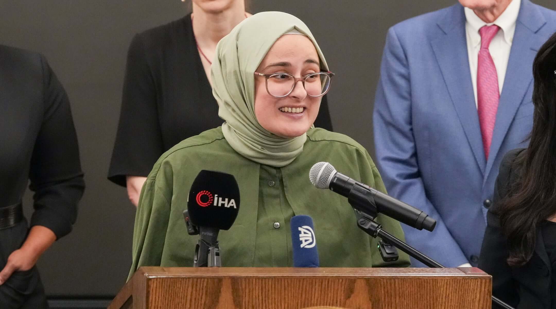 Rümeysa Öztürk speaks during a press conference after arriving at Logan Airport on May 10, 2025 in Boston, Massachusetts. (Mel Musto/Getty Images)