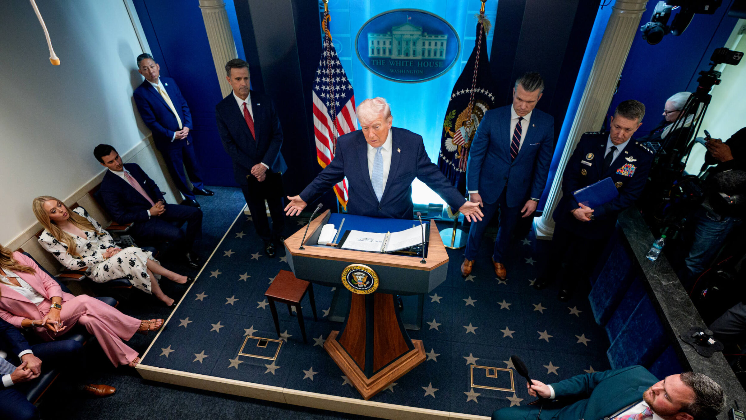 President Donald Trump, accompanied by CIA Director John Ratcliffe, Secretary of War Pete Hegseth and Chairman of the Joint Chiefs of Staff General Dan Caine.