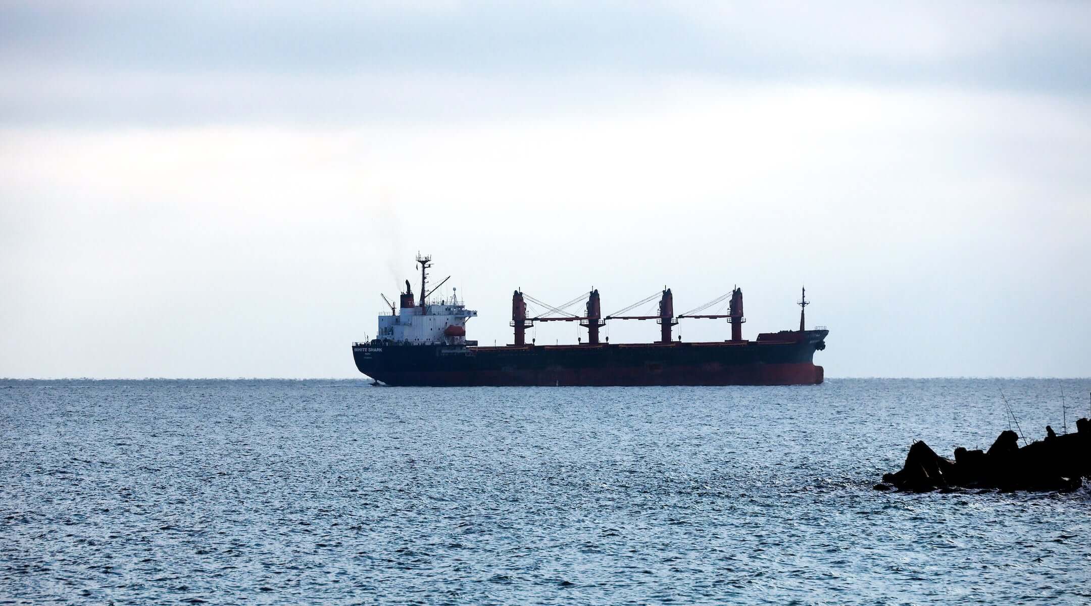 A ship is in the Black Sea off the coast of Odesa, Ukraine, on November 27, 2024. Despite Russian strikes on Ukraine's port infrastructure, the Ukrainian Sea Corridor, which guarantees global food security, continues to operate.