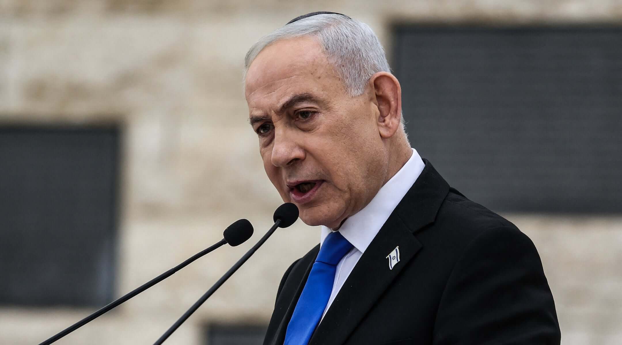 Israel’s Prime Minister Benjamin Netanyahu speaks during a ceremony commemorating Israel’s Remembrance Day for fallen soldiers, or Yom HaZikaron, at the Military Cemetery on Mount Herzl in Jerusalem on April 21, 2026.