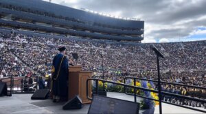 University of Michigan professor Derek Peterson praises campus pro-Palestinian protesters during his commencement speech in Ann Arbor, Michigan, May 2, 2026. (Screenshot via YouTube)