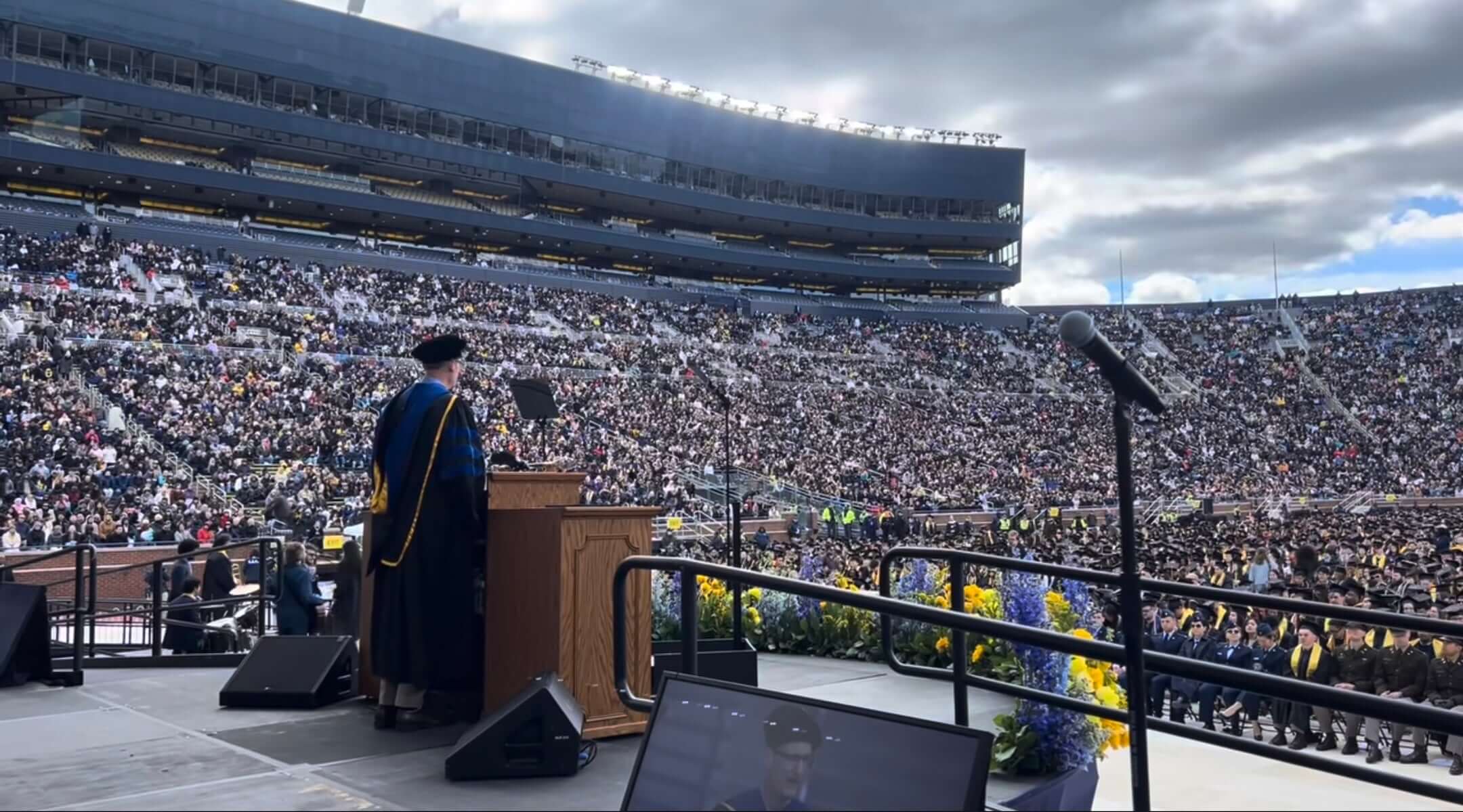 University of Michigan professor Derek Peterson praises campus pro-Palestinian protesters during his commencement speech in Ann Arbor, Michigan, May 2, 2026. (Screenshot via YouTube)