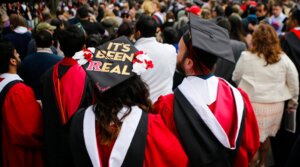 Graduates and guests of Rutgers University graduation exit the ceremonies.