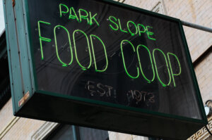 The iconic sign outside the cooperative grocery store.