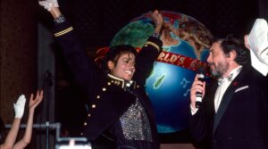 Walter Yetnikoff, president of CBS records, and Michael Jackson celebrate at the Guinness Book of World Records party honoring Michael Jackson for the top selling solo album in history at the Museum of Natural History on Feb 8, 1984.