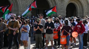 Students and pro-Palestinian protesters gather at Stanford University to protest Israeli attacks on Gaza, April 22, 2024. (Tayfun Coskun/Anadolu via Getty Images)