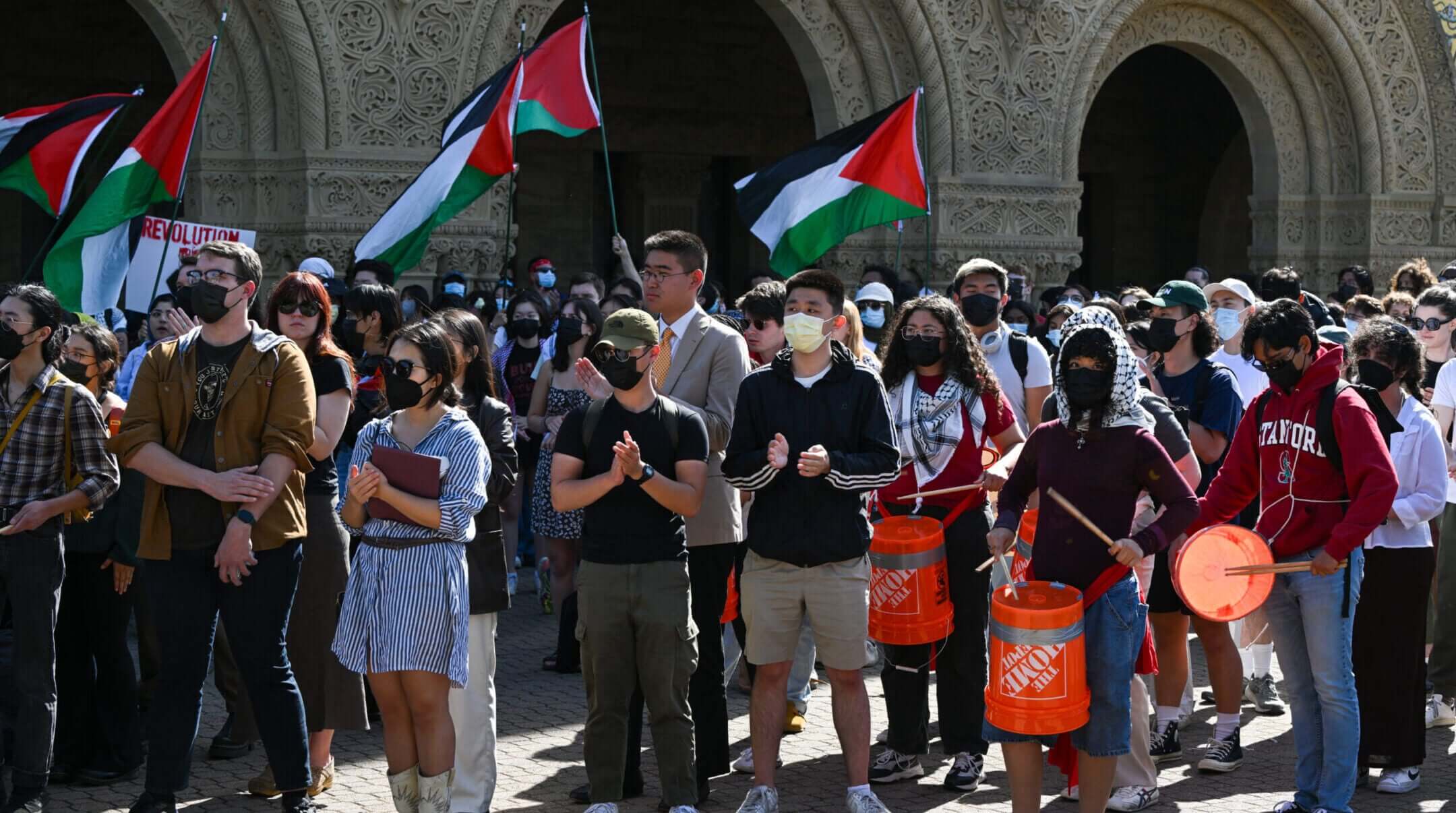 Students and pro-Palestinian protesters gather at Stanford University to protest Israeli attacks on Gaza, April 22, 2024. (Tayfun Coskun/Anadolu via Getty Images)