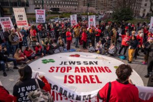 Demonstrators from the group Jewish Voice for Peace hold an emergency Passover Seder outside of ICE headquarters on April 14, 2025 in New York City.