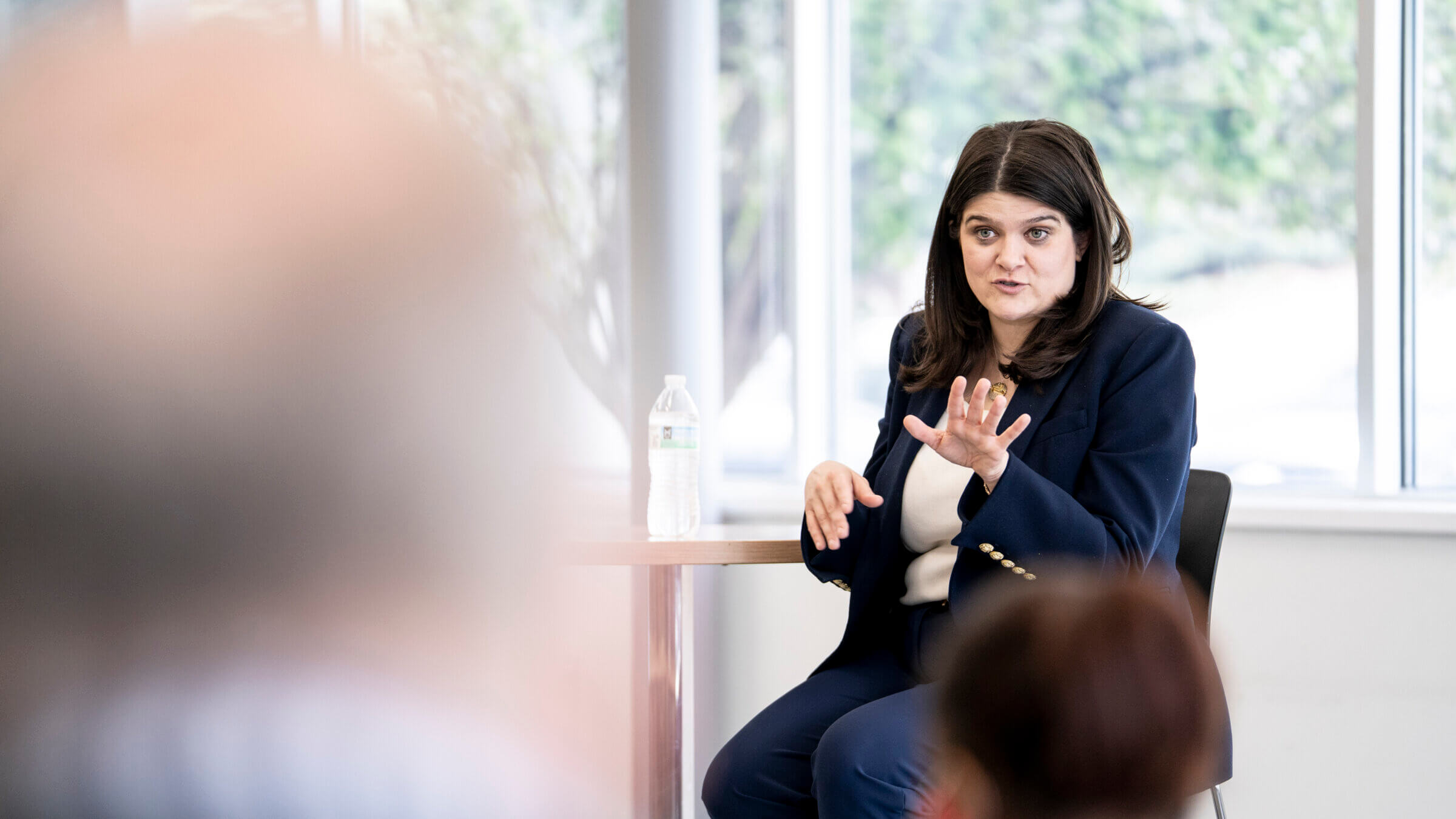 U.S. Rep. Haley Stevens (D-MI) holds a town hall meeting with employees after touring the Webasto Plymouth Plant on May 1, 2026 in Plymouth, Michigan.