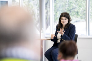 U.S. Rep. Haley Stevens (D-MI) holds a town hall meeting with employees after touring the Webasto Plymouth Plant on May 1, 2026 in Plymouth, Michigan.