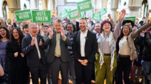 Green Party leader Zack Polanski (center) with party candidates and supporters after making a speech at the Church of Saint John The Evangelist in Cardiff, Wales, ahead of local elections, May 2, 2026. (Ben Birchall/PA Images via Getty Images)