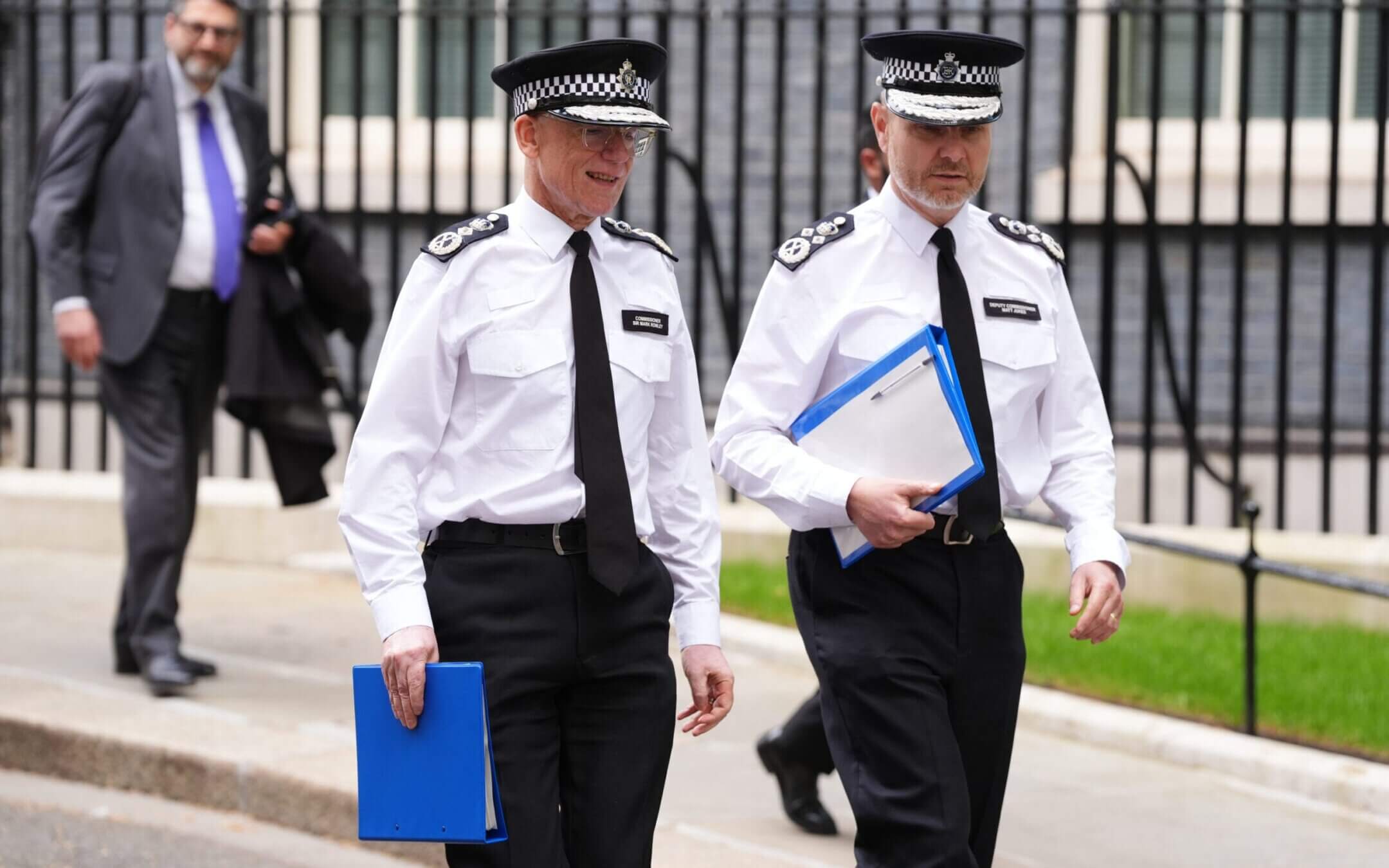 Metropolitan Police Commissioner Sir Mark Rowley (left) and Deputy Commissioner Matt Jukes leave No 10 Downing Street in London after Prime Minister Keir Starmer held an emergency meeting on tackling antisemitism, May 5, 2026.