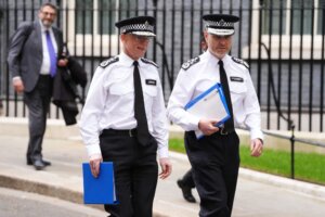 Metropolitan Police Commissioner Sir Mark Rowley (left) and Deputy Commissioner Matt Jukes leave No 10 Downing Street in London after Prime Minister Keir Starmer held an emergency meeting on tackling antisemitism, May 5, 2026.