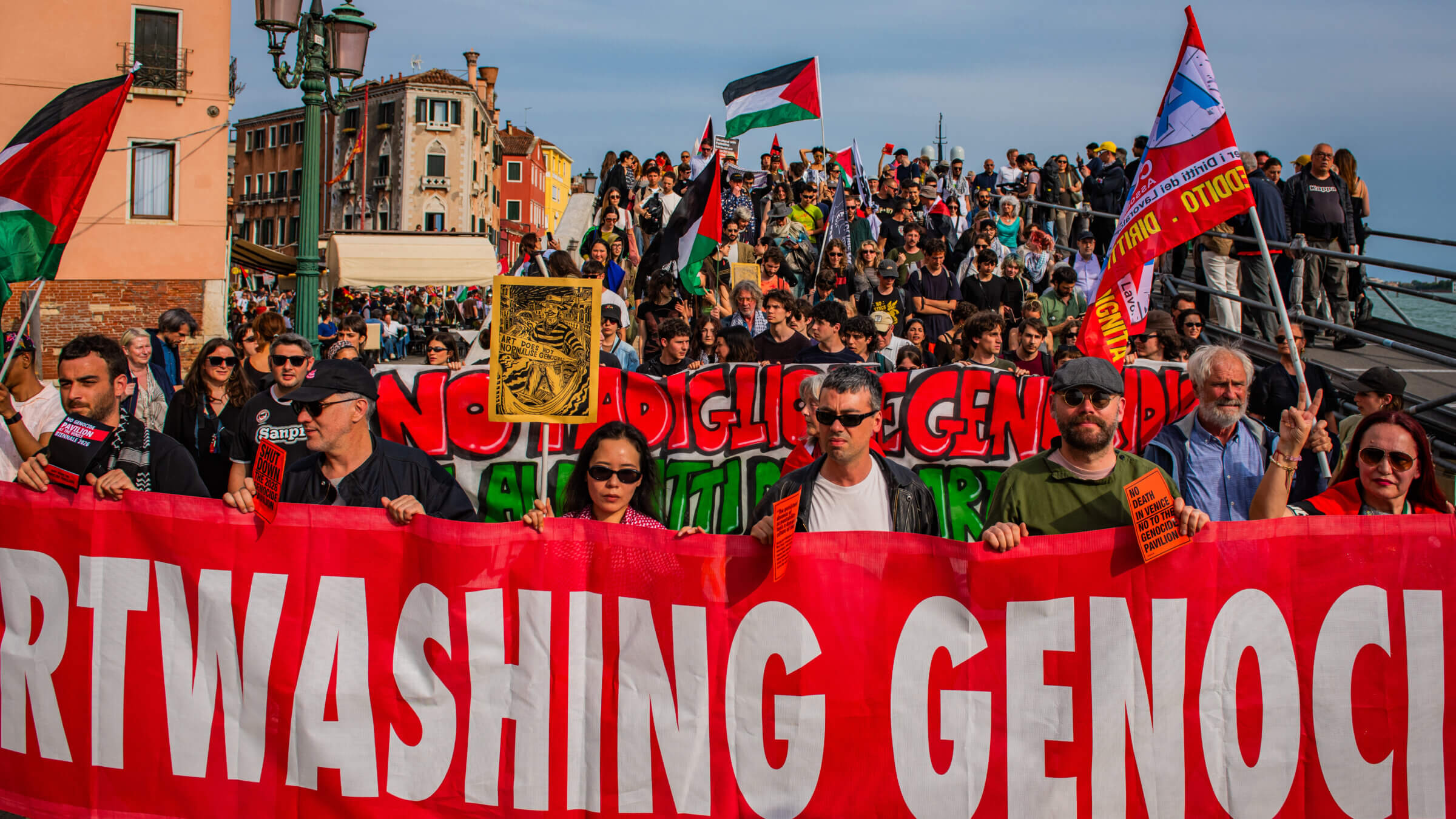 The Art Not Genocide Alliance (ANGA) protests the inclusion of Israel and Russia at the Venice Biennale. 