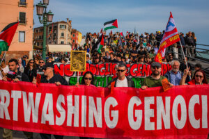 The Art Not Genocide Alliance (ANGA) protests the inclusion of Israel and Russia at the Venice Biennale. 