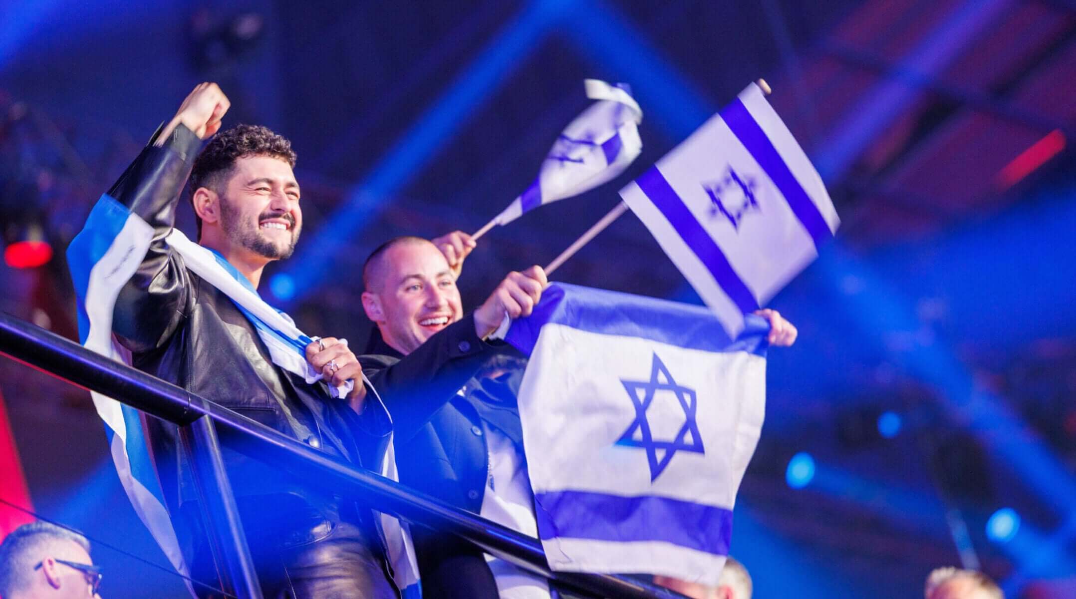 Noam Bettan from Israel celebrates reaching the final of the 70th Eurovision Song Contest in the Stadthalle in Vienna, May 12, 2026.