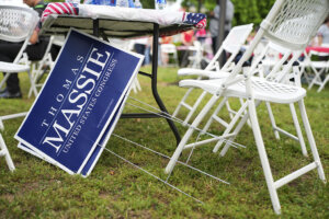 Campaign signs during an event with Rep. Thomas Massie in Vanceburg, Kentucky, on May 18, 2026.