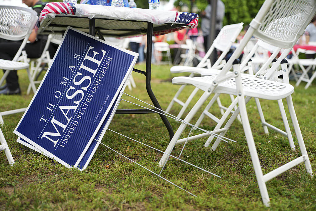 Campaign signs during an event with Rep. Thomas Massie in Vanceburg, Kentucky, on May 18, 2026.