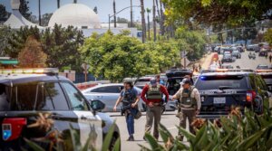 Multiple people were killed, including an armed security guard, after two shooters entered the Islamic Center in San Diego, May 18, 2026. (Sandy Huffaker / Los Angeles Times via Getty Images)
