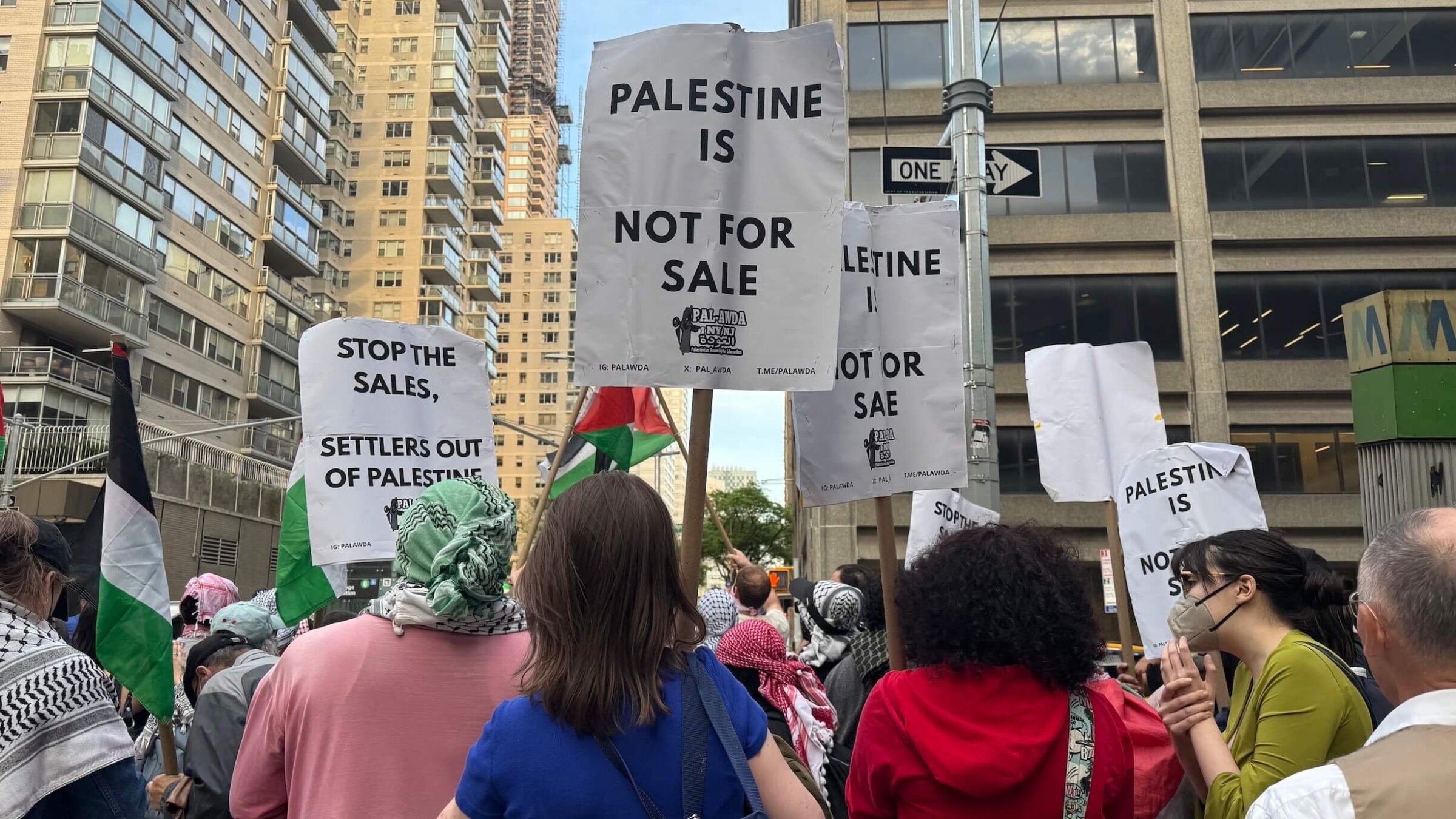 Pro-Palestinian protesters near Park East Synagogue in Manhattan, May 5, 2026. 