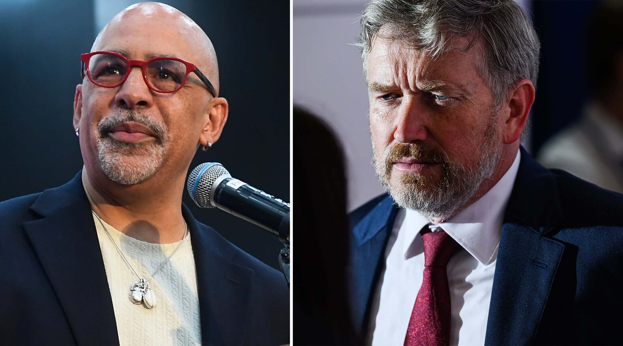 Chris Rabb, L, won a Philadelphia congressional primary on May 19, 2026, while Thomas Massie lost his primary in Kentucky. (Rabb: Matthew Hatcher; Massie: Jon Cherry via Getty Images)
