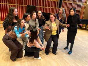 Part of the cast of ‘Khantshe in Amerike’ rehearsing the operetta, May 13, at Bard College