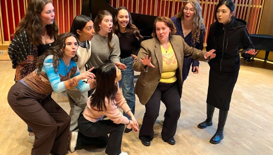 Part of the cast of ‘Khantshe in Amerike’ rehearsing the operetta, May 13, at Bard College