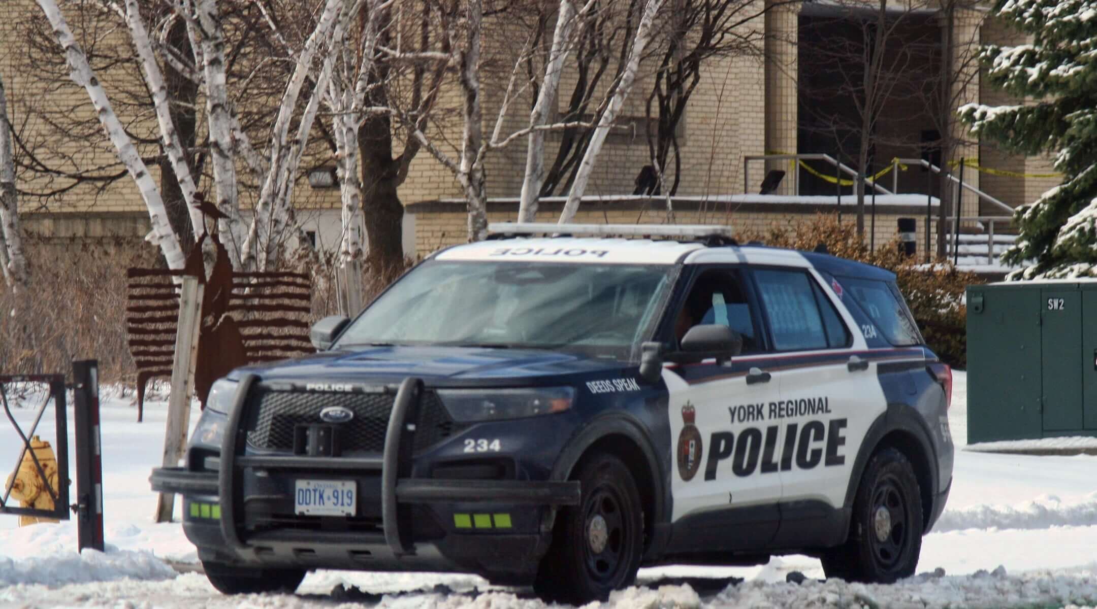 A York Regional Police vehicle is seen outside the Beth Avraham Yoseph of Toronto synagogue following gunshots fired at the building in Vaughan, Ontario, Canada, Mar. 14, 2026. (Creative Touch Imaging Ltd./NurPhoto via Getty Images)