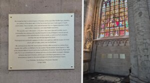 Plaques installed in April 2026 inside the Cathedral of St Michael in Brussels explain and apologize for the antisemitic violence depicted in the stained glass windows. (Courtesy of Flora Cassen)