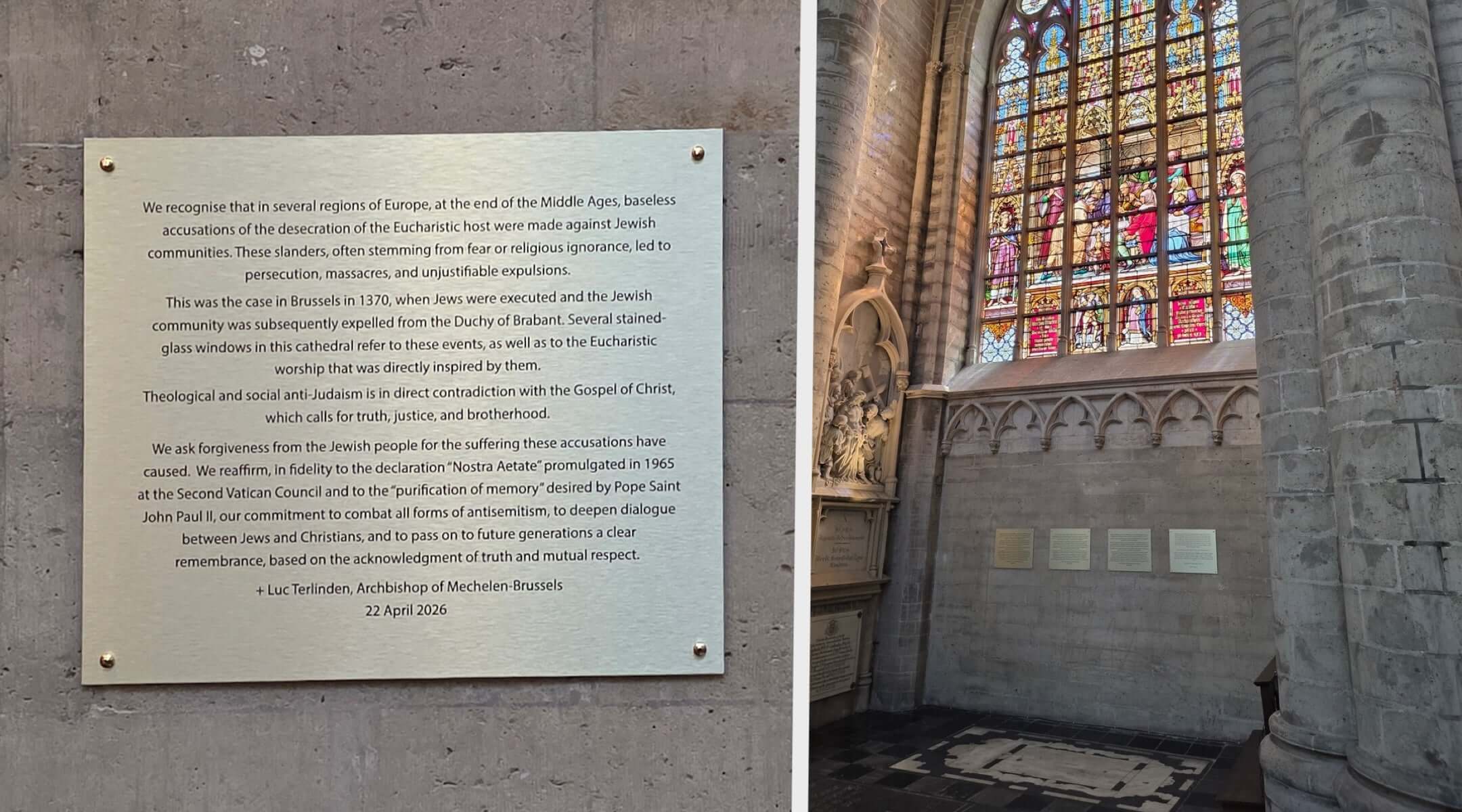 Plaques installed in April 2026 inside the Cathedral of St Michael in Brussels explain and apologize for the antisemitic violence depicted in the stained glass windows. (Courtesy of Flora Cassen)