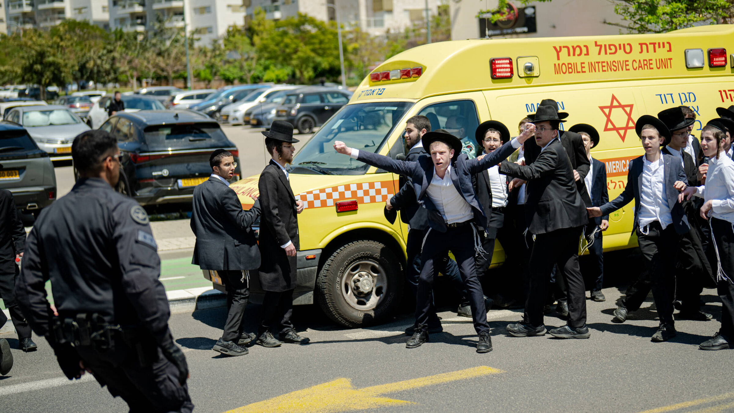 Haredi Jews protest against the military draft outside a recruitment center in Ramat Gan, Israel on April 12.
