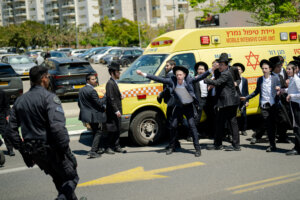 Haredi Jews protest against the military draft outside a recruitment center in Ramat Gan, Israel on April 12.