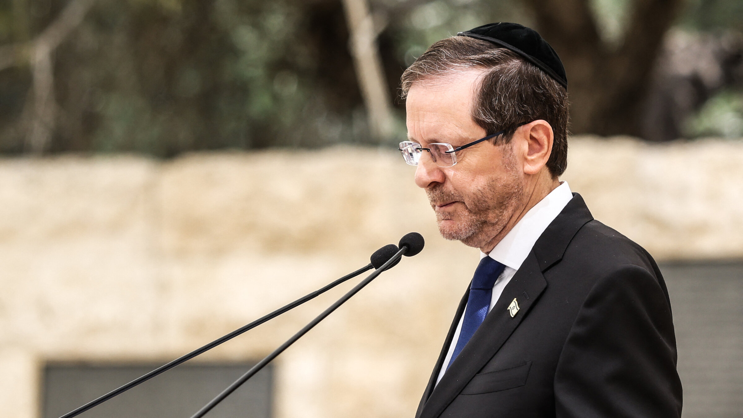 Israeli President Isaac Herzog addresses a ceremony commemorating Israel’s Remembrance Day for fallen soldiers, or Yom HaZikaron, at the Military Cemetery on Mount Herzl in Jerusalem on April 21.