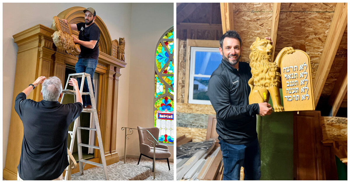 Left: Nik Jakobs, on ladder, disassembling the ark at Temple B’nai Israel in Pennsylvania, and handing a piece to Dick Leffel, a past president of the shul. Right: Nik with the same Lion of Judah in his storage space in Sterling, Illinois.
