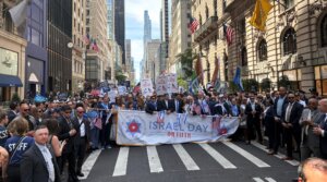 JCRC New York CEO Mark Treyger, UJA-Federation of New York CEO Eric Goldstein, City Council Speaker Julie Menin, Gov. Kathy Hochul and other New York politicians march in the annual Israel Day Parade on May 31, 2026.