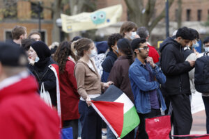 Pro-Palestinian demonstrators gather for a mock trial against the University of Michigan's Board of Regents on the university's campus in Ann Arbor, Michigan, on April 21, 2025.