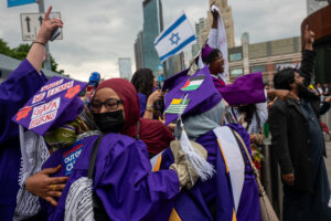 Police, supporters of Israel, and demonstrators in support of Palestinians gather outside Barclays Center for a graduation ceremony for Hunter College students on May 30, 2025.
