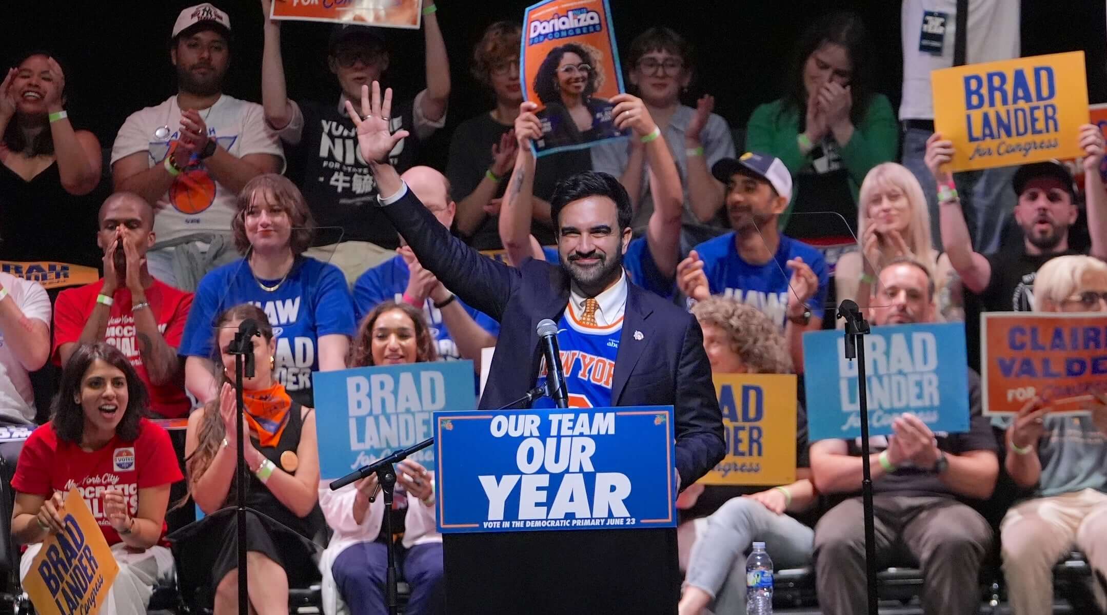 New York City Mayor Zohran Mamdani addresses the crowd during the 'Get Out the Vote' rally at the Kings Theatre in Brooklyn on June 18, 2026.