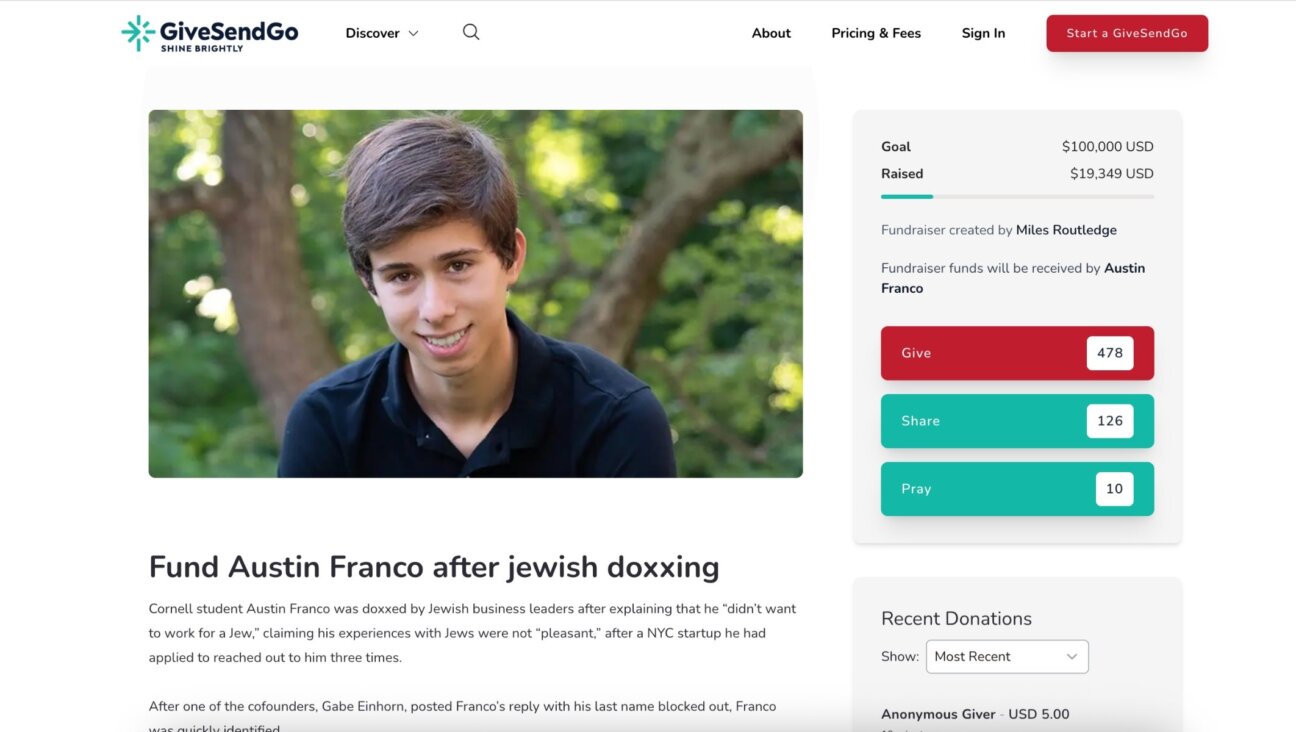 A fundraiser for Cornell student Austin Franco, who said he was ‘not interested in working for a jew,’ raised nearly $20,000. (Screenshot)