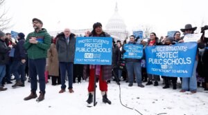 Members of the National Education Association and allies in Congress rally outside Secretary of Education nominee Linda McMahon’s confirmation hearing on February 12, 2025 in Washington, D.C.