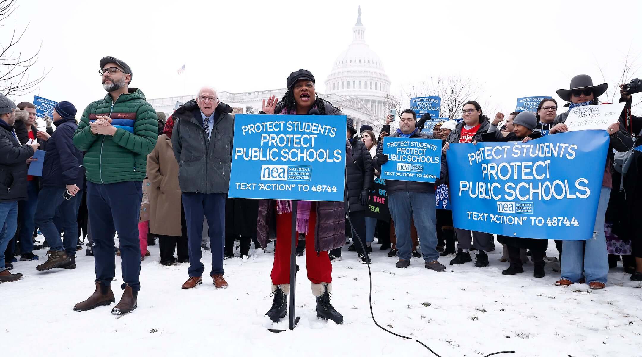 Members of the National Education Association and allies in Congress rally outside Secretary of Education nominee Linda McMahon’s confirmation hearing on February 12, 2025 in Washington, D.C.