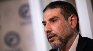 Dr. Adam Hamawy speaks during an AFP interview after meetings at the White House and on Capitol Hill, in Washington DC, June 14, 2024.