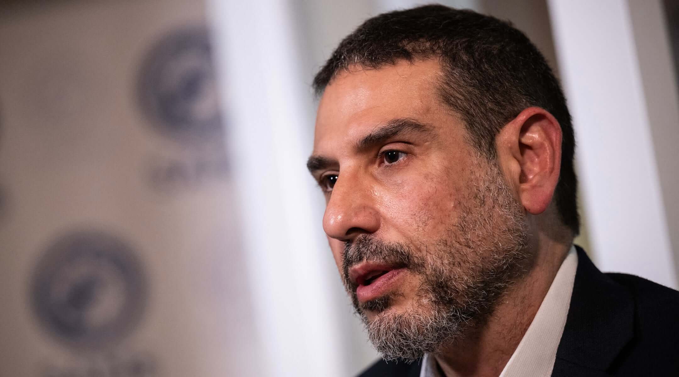 Dr. Adam Hamawy speaks during an AFP interview after meetings at the White House and on Capitol Hill, in Washington DC, June 14, 2024.
