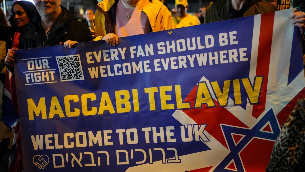 A banner is held by pro-Israel fans outside Villa Park, home of the U.K. team Aston Villa, before its UEFA Europa League match against Israel, Nov. 6, 2025.