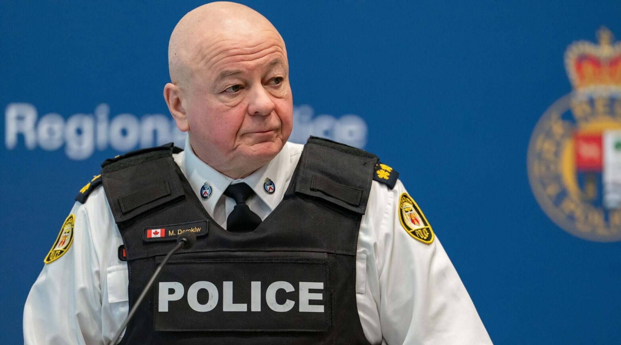 Toronto Police Service Chief Myron Demkiw speaks during a press conference in Aurora, Ontario on Feb. 5, 2026.