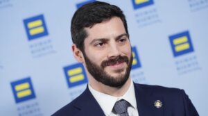 Alex Bores at Human Rights Campaign Greater New York Dinner held at the Marriott Marquis, New York, New York, Feb. 7, 2026. (John Nacion/Variety via Getty Images)