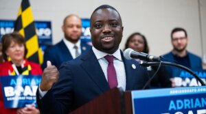 Adrian Boafo speaks during a press conference to kick off a series of meet-the-voter events in his campaign for Maryland’s 5th Congressional District, Bowie, Maryland, March 2, 2026.
