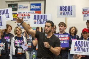 Michigan senate candidate Abdul El-Sayed campaigns for  at the Michigan Democratic Nominating Convention in April. 